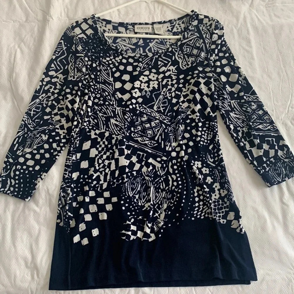 Chico’s Travelers Art to Wear Stretch Tunic Top Blue and White Size 0 - Picture 5 of 6